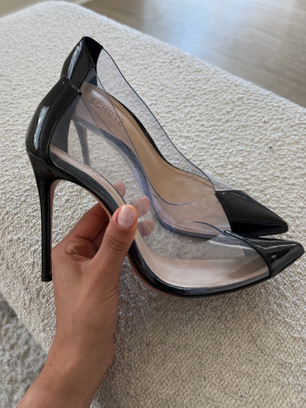 SCHUTZ Black Patent and Clear Pointed Stiletto Pumps